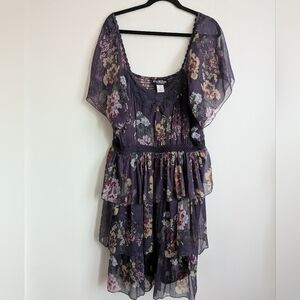 The Pyramid Collection Crochet Butterfly Purple Floral Tiered Mesh Mini Dress 1X